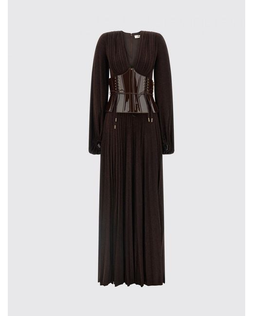 Elisabetta Franchi Black Long Viscose Blend Evening Gown With A Corset Bodice And V-Neck