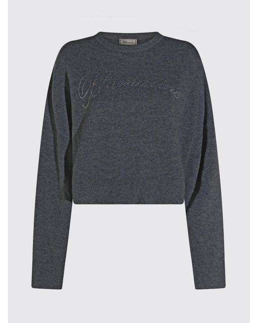 Blumarine Gray Rhinestone Logo Wool Crewneck Jumper With Dropped Shoulders