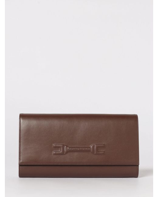 Elisabetta Franchi Brown Leather Clutch With Embossed Logo
