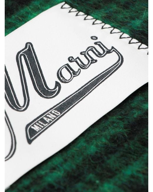 Marni Green Cheque Wool And Mohair Blend Scarf With Logo And Frayed Edges for men