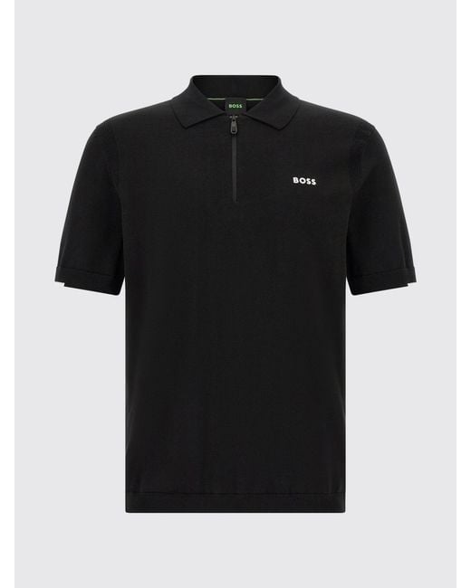 Boss Black Cotton Knit Zip-Up Polo Shirt for men