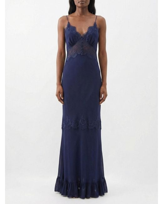 Self-Portrait Blue Long Georgette And Lace Slip Dress