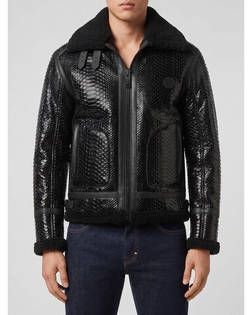 Philipp Plein Black Snake Leather Jacket for men