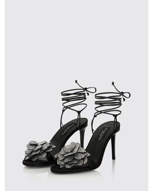 Philipp Plein Black Suede Stiletto Heel Sandals With Crystal Flower