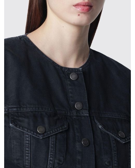 Haikure Blue Cropped Cotton Denim Jacket With Padded Shoulders