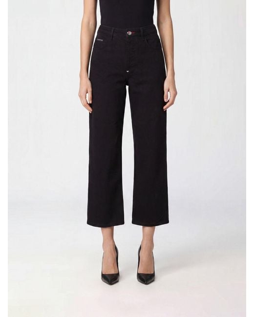 Philipp Plein Black High-Waisted Wide Leg Cropped Stretch Denim Jeans