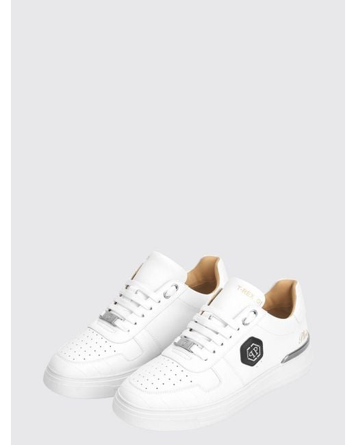 Philipp Plein White Low-Top Smooth Leather Sneakers With Hexagon Logo for men