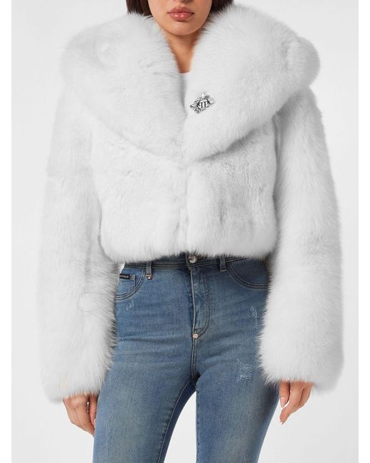 Philipp Plein Gray Cropped Fox Fur Jacket With Crystals