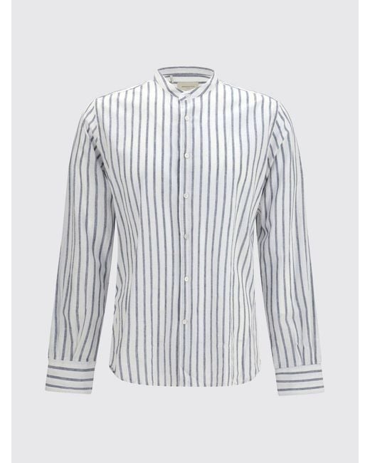 Brooksfield White Striped Linen And Cotton Blend Shirt With Mandarin Collar for men