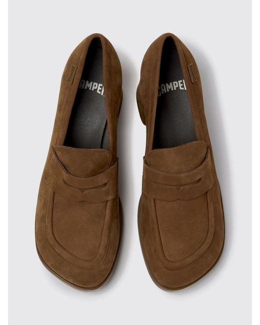 Camper Brown Kora Nubuck Loafers With Strap And Medium Heel
