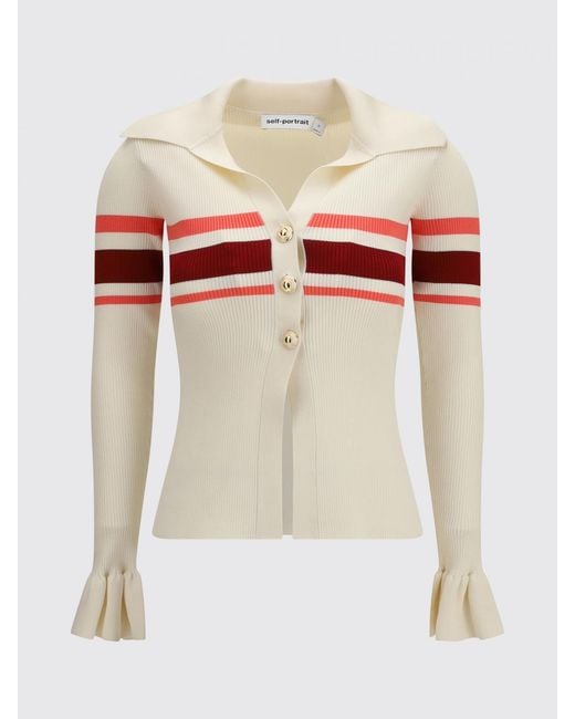 Self-Portrait White Striped Viscose Knit Polo Cardigan
