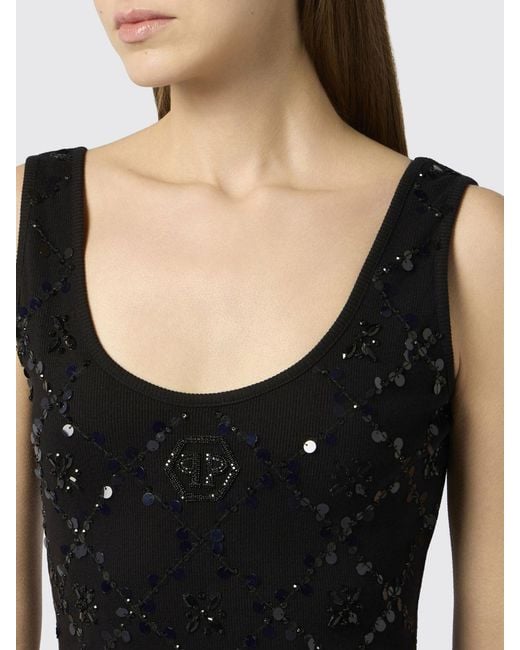Philipp Plein Black Jersey Sheath Mini Dress With Sequins And Hexagon Logo
