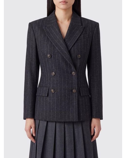 Brunello Cucinelli Blue Pinstripe Short Double-Breasted Wool Blazer With Peak Lapels