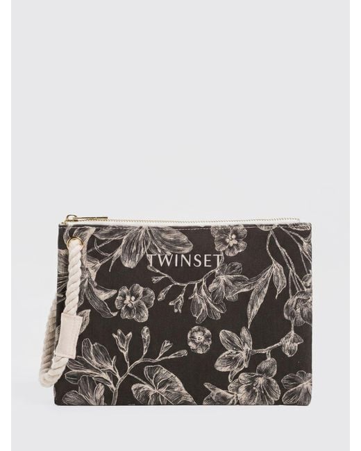 Twinset Gray Cotton Canvas Pouch With Floral Print