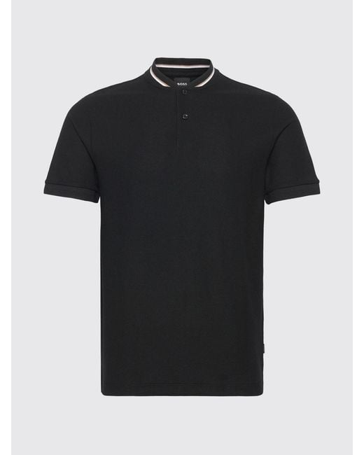 Boss Black Cotton Polo Shirt With Striped Collar for men