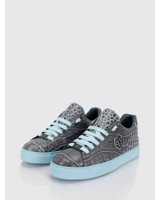 Philipp Plein Blue Crocodile-Print Leather Low-Top Sneakers With Hexagon Logo for men