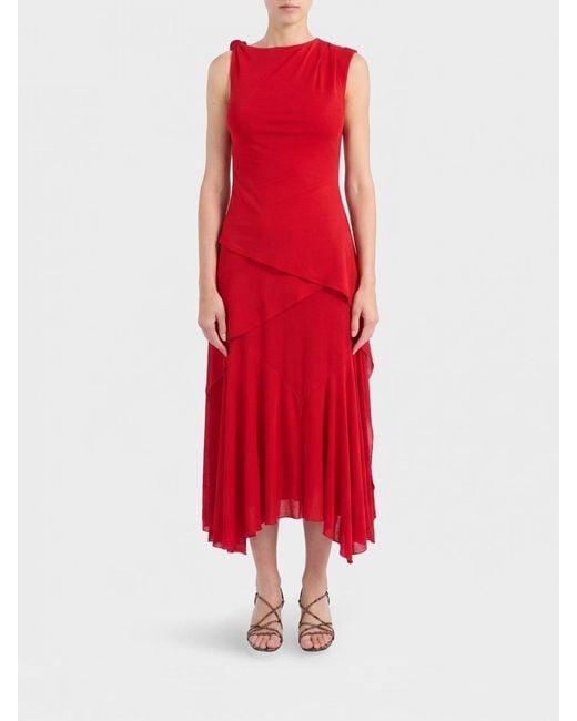 Ganni Red Asymmetrical Off-The-Shoulder Midi Dress