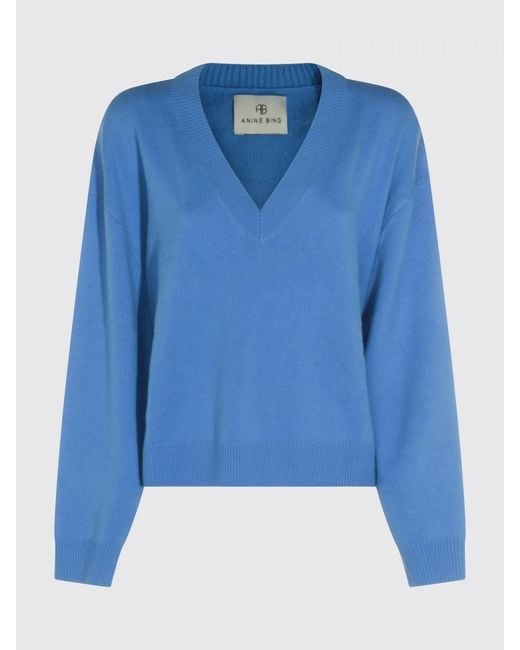 Anine Bing Blue V-Neck Pure Cashmere Jumper With Relaxed Fit For