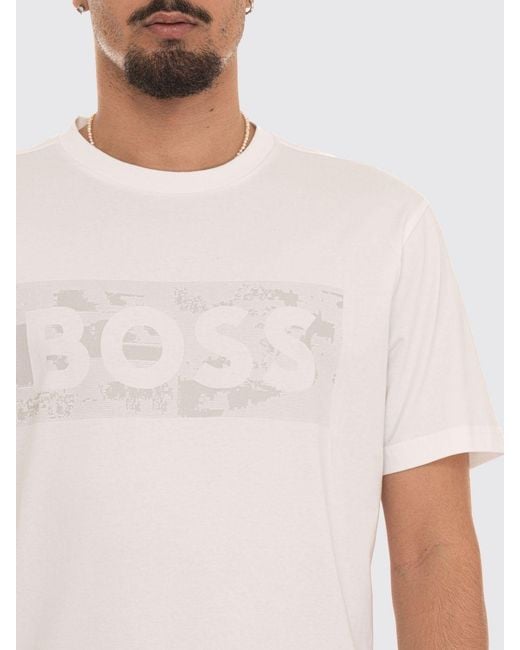 Boss White Cotton Crew-Neck T-Shirt With Printed Logo On The Chest for men