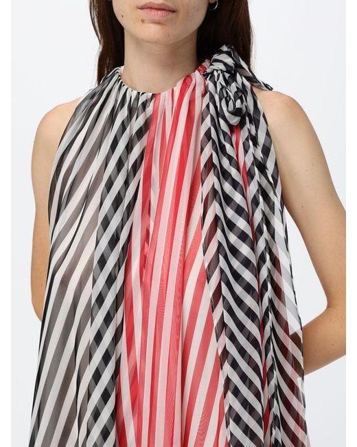 MSGM Red Asymmetric Striped Crêpe Midi Dress With Halter Neck
