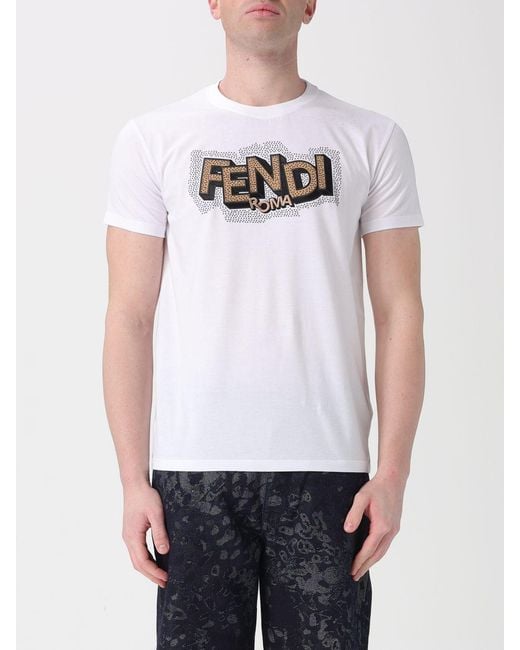 Fendi White Slim Cotton T-Shirt With Rhinestones for men