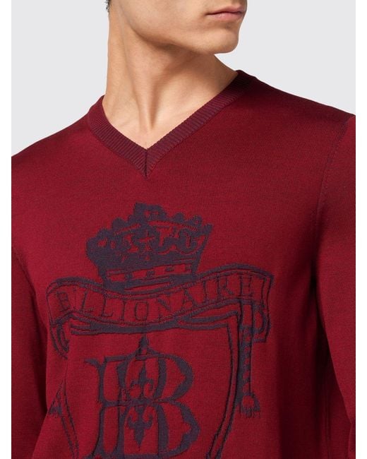 Billionaire Red Wool And Silk V-Neck Jumper With A Jacquard Crest Logo for men