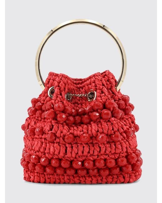 Jimmy Choo Red Bon Bon Crochet Raffia Bag With Faceted Beads