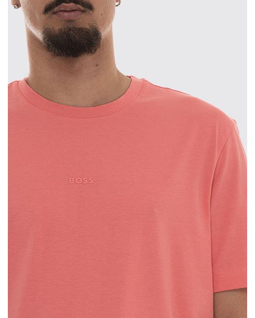 Boss Pink Crew Neck Stretch-Cotton T-Shirt With Contrast Chest Logo for men