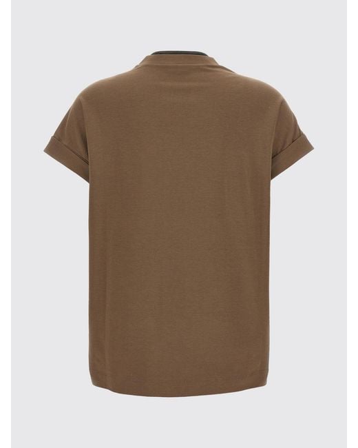 Brunello Cucinelli Brown Cotton V-Neck T-Shirt With Monili Embellishment