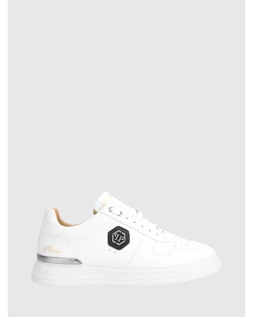 Philipp Plein White Low-Top Smooth Leather Sneakers With Hexagon Logo for men