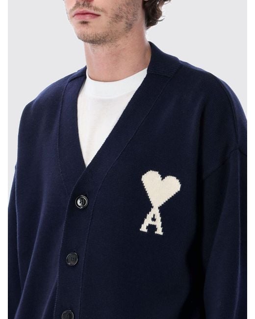 AMI Blue Wool And Cotton Cardigan With Logo for men