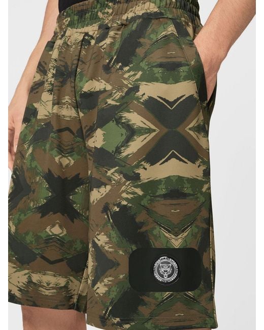 Philipp Plein Green Jersey Sports Shorts With Camouflage Print And Elasticated Waist for men