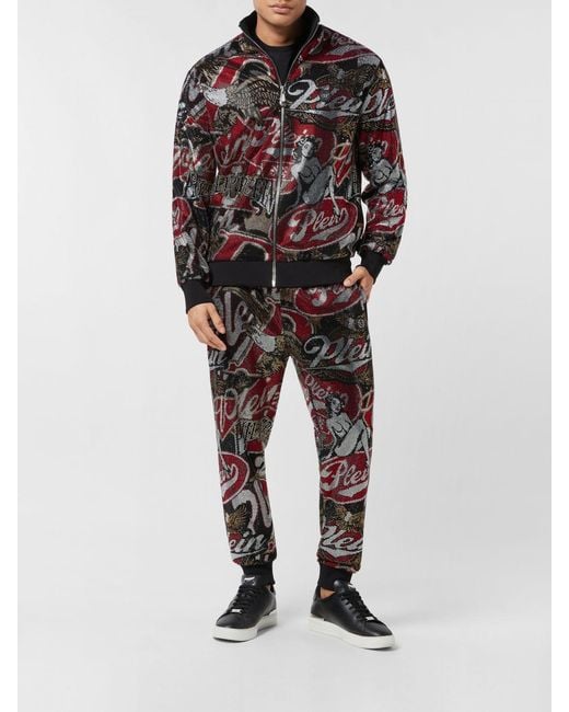 Philipp Plein Red High Neck Zip-Up Jersey Sweatshirt With Graphic Print And Rhinestones for men