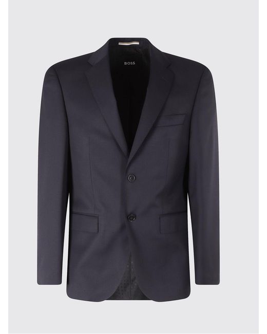 Boss Blue Single-Breasted Virgin Wool Blazer With Notch Lapels And Flap Pockets for men