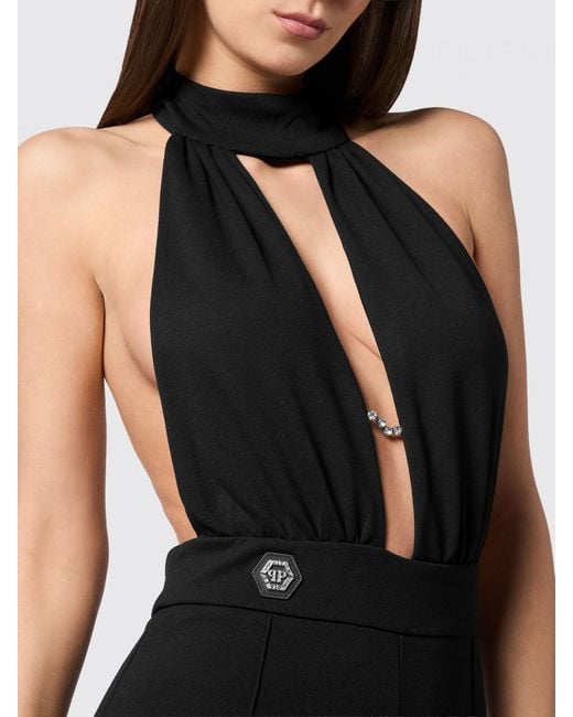 Philipp Plein Black Crêpe Halterneck Jumpsuit With A Deep V-Neck