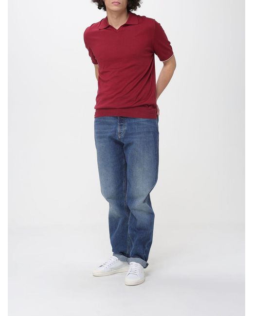 Brunello Cucinelli Red Cotton Knit Polo Shirt for men