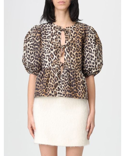 Ganni Black Animal Print Cotton Poplin Blouse