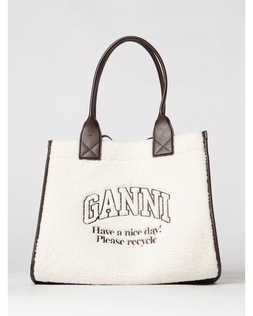 Ganni Natural Shearling And Recycled Leather Tote Bag With Embroidered Logo