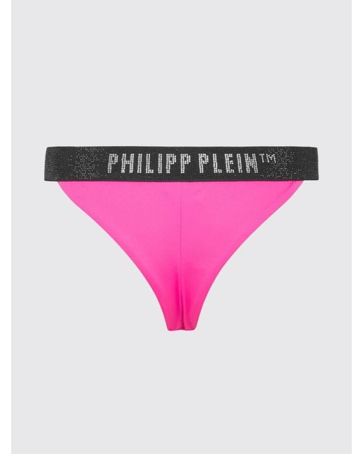 Philipp Plein Pink Lycra Bikini Bottoms With Logo Waistband And Crystals