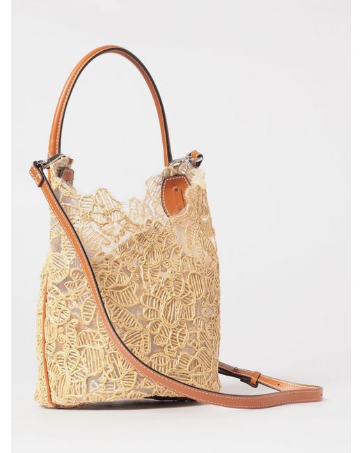 Ermanno Scervino Natural Embroidered Floral Motif Mesh Nylon And Raffia Bag