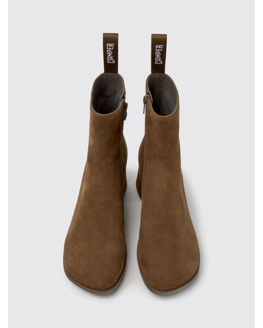 Camper Brown Kora Suede Ankle Boots With Side Zip And Medium Heel
