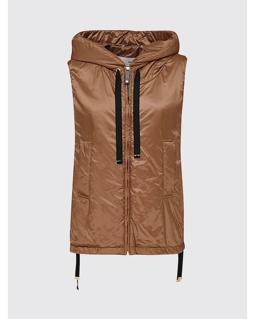 Max Mara Brown Padded Technical Fabric Vest With Hood And High Neck