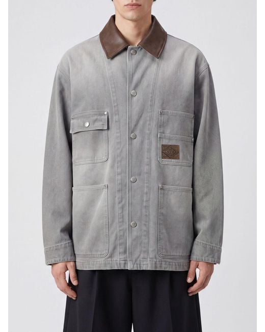 Wooyoungmi Gray Cotton Denim Jacket With Leather Collar And Dropped Shoulders for men