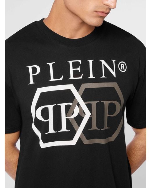 Philipp Plein Black Cotton T-Shirt With Hexagon Logo And Contrast Monogram Print for men