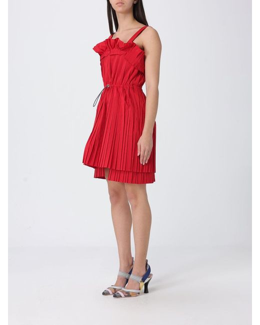 Fendi Red Pleated Cotton Mini Dress