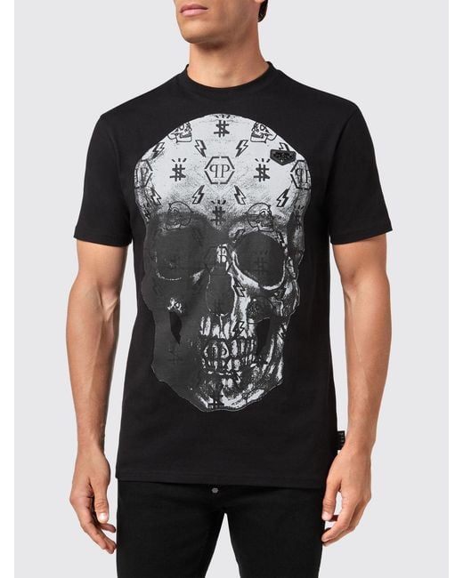 Philipp Plein Black Cotton T-Shirt With Contrasting Back Skull And Logo Print for men