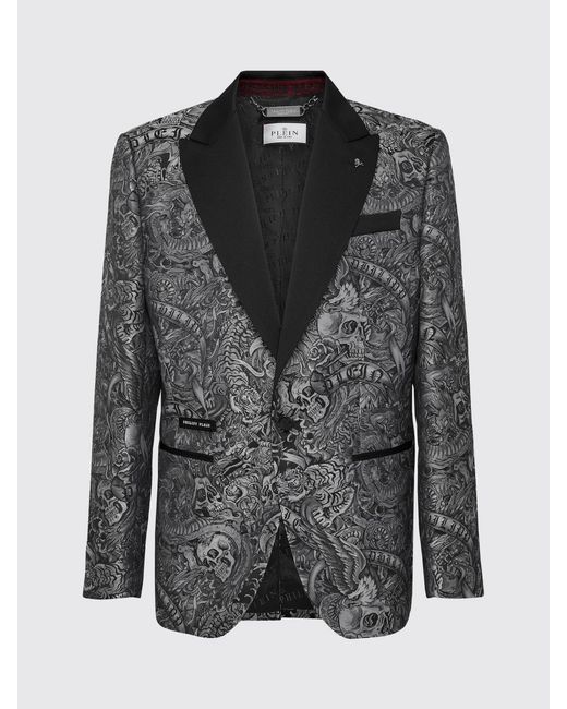 Philipp Plein Gray Tattoo-Print Single Breasted Blazer for men