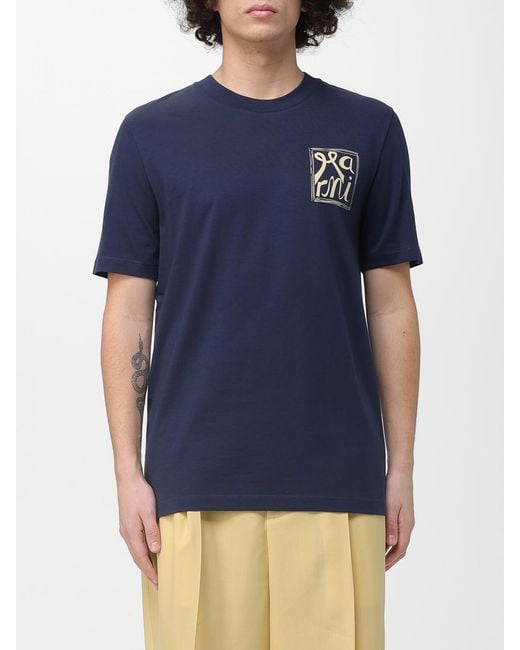 Marni Blue Crew Neck Cotton T-Shirt With Print for men