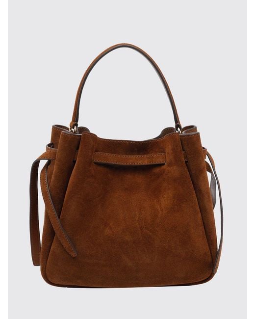 Tory Burch Brown Romy Suede Mini Handbag With A Flared Shape And Metal Logo