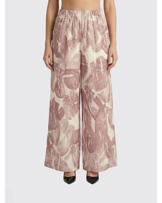 Alysi Pink Silk Pants With Tropical Print